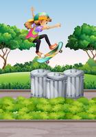 Cena, com, menina, ligado, skateboard, parque vetor