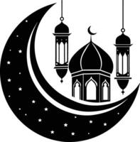 Preto silhueta do uma islâmico mesquita e crescente com lanternas vetor