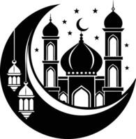 uma Preto e branco silhueta do uma mesquita com uma crescente lua vetor