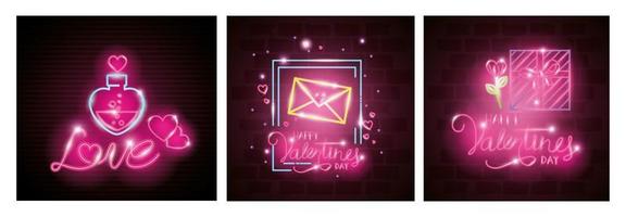 cartões do dia dos namorados em luz de néon, dia dos namorados vetor