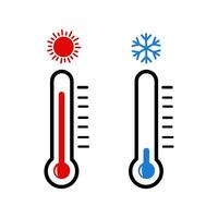 dois termômetros com flocos de neve e uma termômetro com uma vermelho Sol vetor