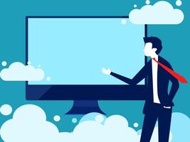 homem de negocios apontando às uma computador tela com nuvens vetor
