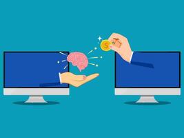 dois mãos estão segurando uma moeda e uma cérebro em uma computador tela vetor