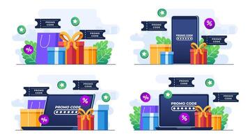 conjunto do plano ilustrações do usando promo código em conectados compras Confira, desconto código, presente comprovante, presente cartão, bônus, promoção campanha vetor