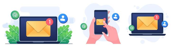 conjunto do plano ilustrações do Novo o email notificação em dispositivo tela, direto digital marketing, Não lida mensagem lembrete, o email marketing conceito vetor