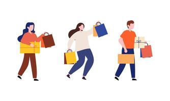 coleção do pessoas carregando compras bolsas com compras ilustração vetor