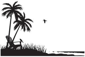 verão cena com uma de praia cadeira com pequeno Palma árvores, e sunbird de praia tempo, verão período de férias Preto silhueta branco fundo vetor