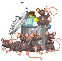 Cinco ratos sentados perto do caixote do lixo vetor