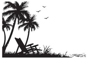 verão cena com uma de praia cadeira com pequeno Palma árvores, e sunbird de praia tempo, verão período de férias Preto silhueta branco fundo vetor