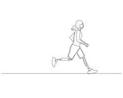 contínuo solteiro linha desenhando do lado Visão do uma Desativado mulher corrida com uma protético perna. saudável esporte Treinamento conceito. Projeto ilustração vetor