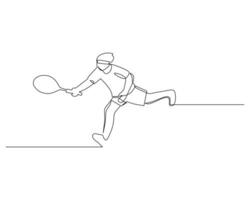 1 contínuo linha desenhando do jovem masculino badminton jogador defesa para aguarde oponente bater. competitivo esporte conceito. dinâmico solteiro linha desenhar Projeto ilustração para torneio Combine promoção poster vetor