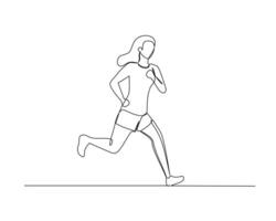 contínuo solteiro linha desenhando do jovem mulher é corrida velozes em uma em linha reta acompanhar. saudável esporte Treinamento conceito. Projeto ilustração vetor