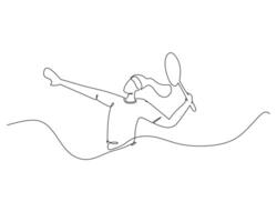 1 solteiro linha desenhando do jovem enérgico badminton jogador pulando e esmagar peteca ilustração. saudável esporte conceito. moderno contínuo linha desenhar Projeto para badminton torneio poster vetor