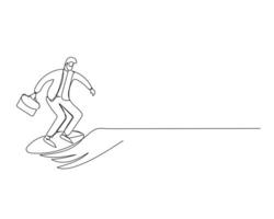 contínuo solteiro 1 desenhando homem de negocios segurando uma mala de viagem surfar avançar. ilustração Projeto para o negócio crescimento estratégia conceito. vetor