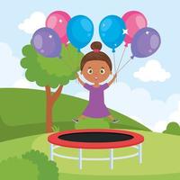menina afro na cama elástica pula com balões de hélio na paisagem do parque vetor