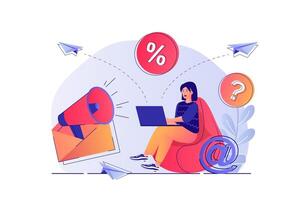 o email marketing conceito com pessoas cena. mulher escreve e envia Fora em formação cartas, fazer promo enviando, conectados o negócio promoção. ilustração com personagens dentro plano Projeto para rede vetor