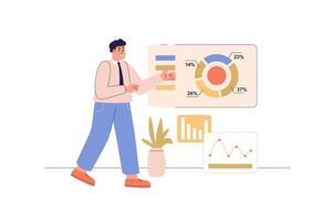 o negócio estatística rede conceito com pessoas cena. homem analisando dados às gráficos e diagramas às apresentação quadro, fazer financeiro relatório. personagem situação dentro plano Projeto. ilustração. vetor