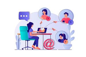 o email serviço conceito com pessoas cena. mulher guardando conectados correspondência, conversando, recebendo e enviando cartas para conectados amigos. ilustração com personagens dentro plano Projeto para rede vetor