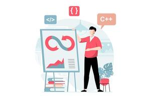 devops conceito com pessoas cena dentro plano Projeto. homem programador codificação e criando Programas, otimizando fluxo de trabalho e ágil projeto gerenciamento. ilustração com personagem situação para rede vetor