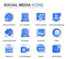 moderno conjunto social meios de comunicação e rede gradiente plano ícones para local na rede Internet e Móvel aplicativos. contém tal ícones Como avatar, emoji, conversando, gosta. conceptual cor plano ícone. pictograma pacote. vetor