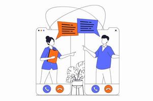 conferência conceito com pessoas cena dentro plano esboço Projeto. mulher e homem comunicar conectados usando ligar em Móvel telefone aplicativos. ilustração com linha personagem situação para rede vetor