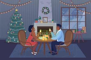 ilustração em vetor cor lisa jantar romântico de Natal. celebrando o feriado de inverno juntos. casal apaixonado sentado à mesa em casa personagens de desenhos animados 2D com o interior no fundo