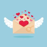 dia dos namorados dia envelope com corações com asas cumprimento cartão dentro desenho animado estilo em uma azul fundo. vetor