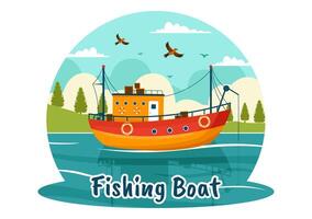 pescaria barco ilustração com pescadores Caçando peixe usando navio às mar dentro plano desenho animado fundo Projeto vetor