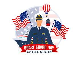 Unidos estados costa guarda dia ilustração em agosto 4 com americano acenando bandeira e navio dentro nacional feriado plano desenho animado fundo vetor