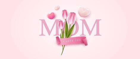 feliz mãe dia com lindo flores tulipas e corações em Rosa fundo. ilustração para cumprimento cartão, de Anúncios, promoção, poster, aviador, blog, artigo, social meios de comunicação, marketing. Projeto. vetor