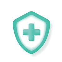 3d escudo ícone com verde médico Cruz ou mais placa. saúde Cuidado, primeiro ajuda, emergência ajuda, proteção, segurança conceito. vetor