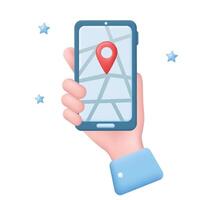 mão segurando Móvel inteligente telefone com navegação PIN localização verificação ícone ou Entrega ou geolocalização Móvel aplicativo interface 3d vetor