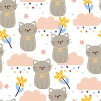 desatado padronizar desenho animado gato com flor e céu elemento. fofa animal papel de parede para têxtil, presente embrulho papel vetor