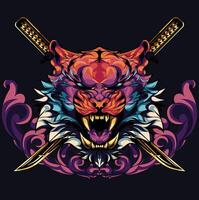 tigre samurai ilustração com espada atrás vetor