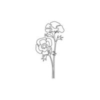 um desenho de linha contínua de beleza flor de anêmona fresca para impressão de pôster de decoração de parede de arte em casa. Windflower perene decorativa para cartão de convite. ilustração em vetor desenho desenho de linha única na moda