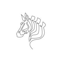 um desenho de linha contínua da cabeça de zebra para a identidade do logotipo do National Park Zoo Safari. cavalo da África com conceito de listras para mascote da empresa. ilustração gráfica moderna de desenho de linha única vetor