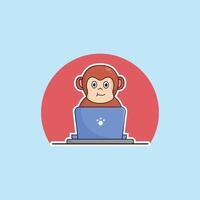 fofa animal macaco desenho animado trabalhando às computador portátil ilustração animal tecnologia conceito Prêmio plano desenho animado vetor