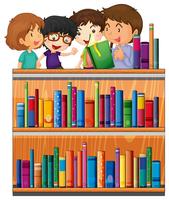 Crianças, leitura, livros, em, biblioteca vetor