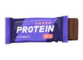 parcialmente desembrulhado chocolate proteína Barra com Vitamina c dentro uma roxa embrulho. nutricional suplemento e saúde conceito. vetor