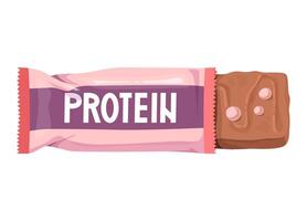 meio aberto proteína Barra dentro Rosa embrulho com visível chocolate bar. saúde e ginástica nutrição conceito. vetor