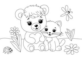 coloração livro página com fofa Urso e gato sentado dentro grama. esboço ilustração para crianças. vetor