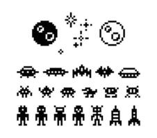 pixel alienígenas. OVNI, naves espaciais e planeta com estrelas 8 bits pixel arte espaço retro videogames jogos monstros, robôs e zumbis fornecedores silhueta ícones. conjunto vetor