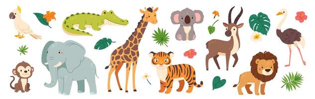 engraçado safári animais. fofa desenho animado crianças animal personagem. selvagem tigre, girafa, feliz coala, africano crocodilo, selva macaco. selva plantar e decorativo elementos. coleção vetor