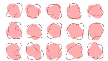 15 moderno Rosa assimétrico formas líquido irregular blob com vermelho linha abstrato elementos gráfico plano estilo Projeto fluido ilustração definir. agradável ameba bolhas, manchas, gotas ou manchas agrupar vetor