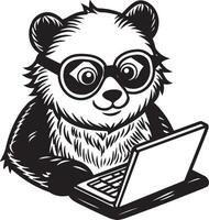 Preto e branco desenho animado ilustração panda com uma computador portátil. vetor