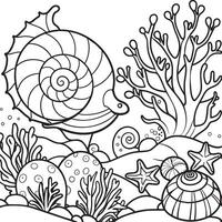 coloração livro para crianças lesma, algas marinhas, estrelas do mar vetor