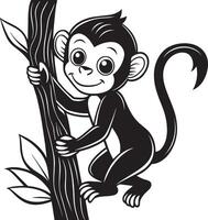 Preto e branco desenho animado ilustração do fofa macaco em árvore para coloração livro vetor