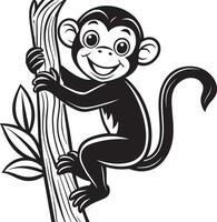 Preto e branco desenho animado ilustração do fofa macaco em árvore para coloração livro vetor