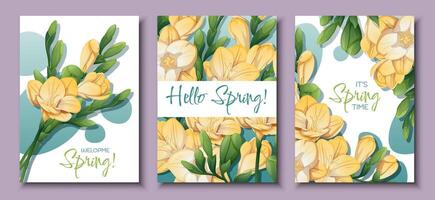 conjunto do cumprimento cartão modelos com Primavera flores bandeira, poster com roxa e amarelo frésia. ilustração do delicado flores dentro desenho animado estilo para cartão, convite, fundo, etc. vetor