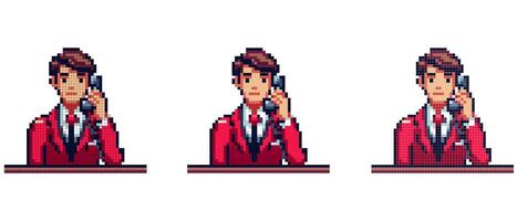 pixel arte personagem segurando telefone vestindo vermelho terno com gravata, escritório trabalhador. vetor